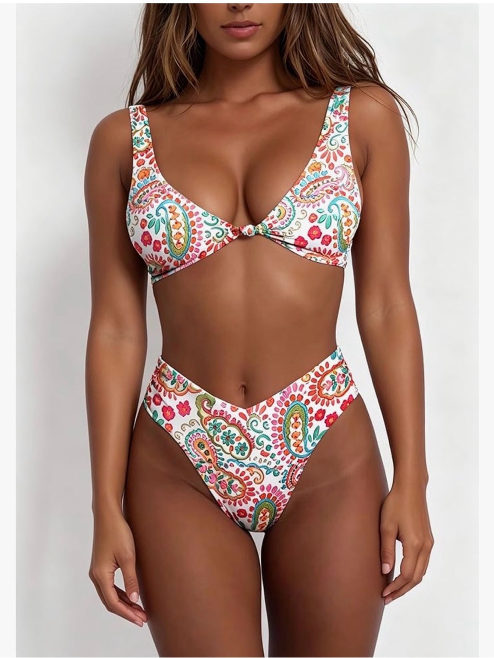 Paisley Bikini Set knot front top and high-leg bottom v cut size M